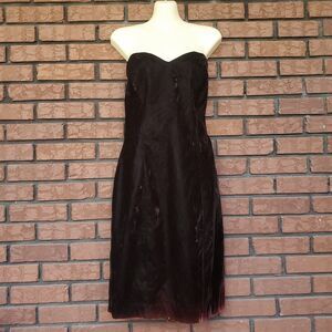 Vintage Nightway Velvet Midi Dress Size 16 LBD Black Orange Strapless Lined Prom